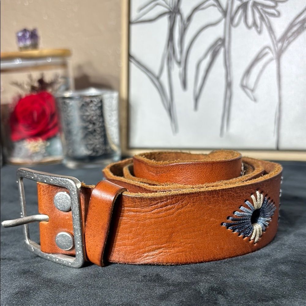 Lucky Brand Brown Leather Belt with Embroidered Detail
